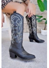 Western kadın Siyah Deri Beyaz Nakışlı Fermuarlı Uzun Kovboy Çizme