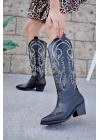 Western kadın Siyah Deri Beyaz Nakışlı Fermuarlı Uzun Kovboy Çizme