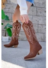 Western kadın Taba Süet Nakışlı Fermuarlı Uzun Kovboy Çizme