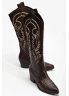Western kadın Nakışlı Kahverengi Fermuarlı Uzun Kovboy Çizme