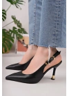 Kadın Siyah Deri Tokalı Sivri Şık Topuklu Stiletto Ayakkabı