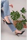 Kadın Siyah Deri Tokalı Sivri Şık Topuklu Stiletto Ayakkabı