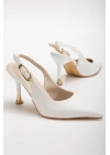 Kadın Beyaz Deri Tokalı Sivri Şık Topuklu Stiletto Ayakkabı