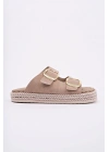Kadın Bej Günlük Çift Tokalı Rahat Taban Hasır Sandalet Terlik