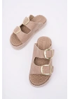 Kadın Bej Günlük Çift Tokalı Rahat Taban Hasır Sandalet Terlik