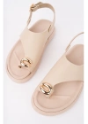 Kadın Bej Deri Günlük Gold Yüzük Parmak Arası Sandalet