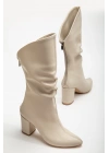 Liora Kadın Bej Arkası Fermuarlı Sivri Burun Büzgülü Çizme