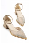Kadın Bej Parlak Taşlı Süet Kumaş Kısa Topuklu Ayakkabı