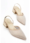 Kadın Gold Rengi Parlak Şeffaf Kumaş Kısa Topuklu Ayakkabı
