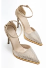 Kadın Bej Rengi Parlak Taşlı Süet Kumaş Topuklu Ayakkabı