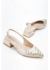 Kadın Bej Saten Kumaş Pırlantalı Topuklu ayakkabı