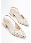 Kadın Bej Saten Kumaş Pırlantalı Topuklu ayakkabı