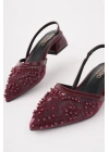 Kadın Bordo Nakışlı Ve Boncuklu Topuklu Ayakkabı