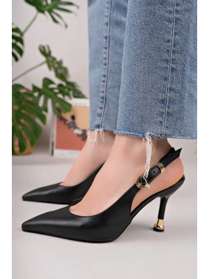 Kadın Siyah Deri Tokalı Sivri Şık Topuklu Stiletto Ayakkabı