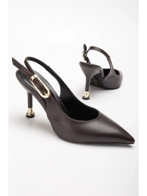Kadın Kahverengi Cilt Tokalı Sivri Şık Topuklu Stiletto Ayakkabı