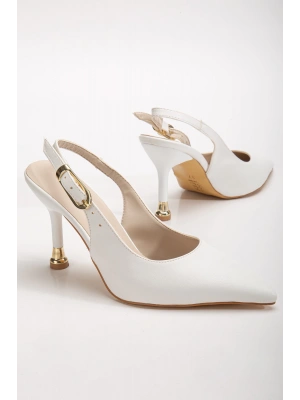 Kadın Beyaz Deri Tokalı Sivri Şık Topuklu Stiletto Ayakkabı