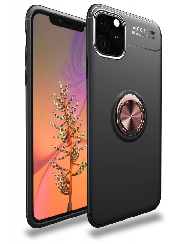 Newface Apple iPhone 11 Pro Max Kılıf Range Yüzüklü Silikon - Siyah-Gold