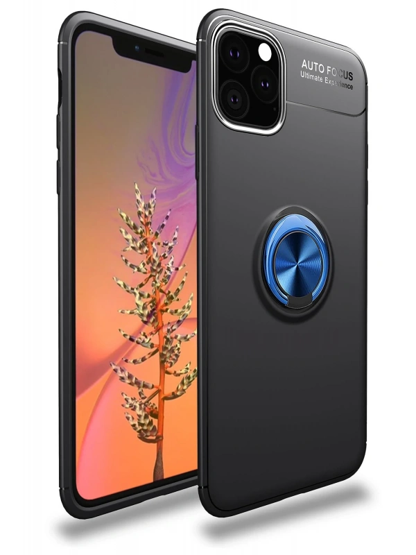 Newface Apple iPhone 11 Pro Max Kılıf Range Yüzüklü Silikon - Siyah-Mavi