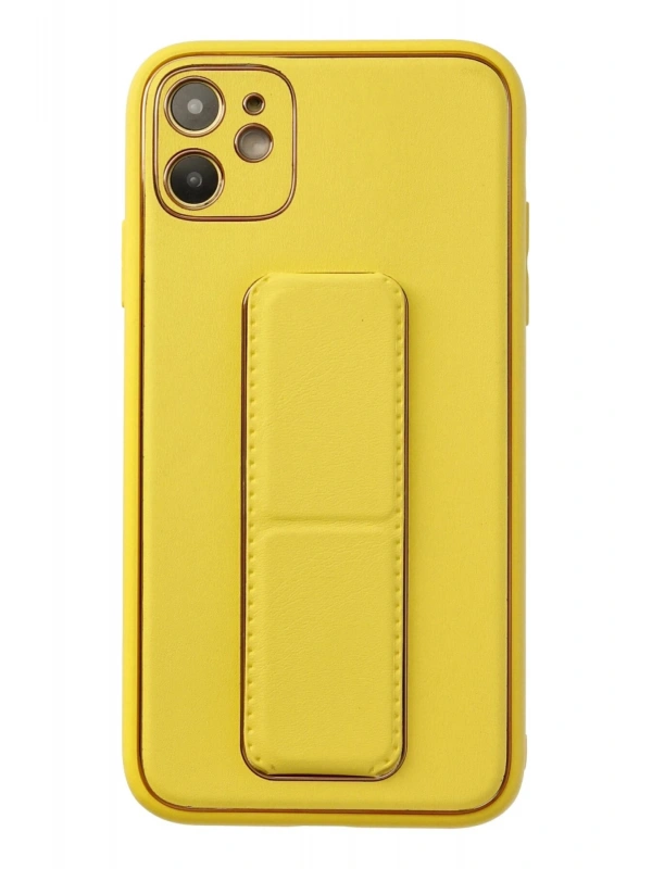 Newface Apple iPhone 12 Kılıf Coco Deri Standlı Kapak - Sarı