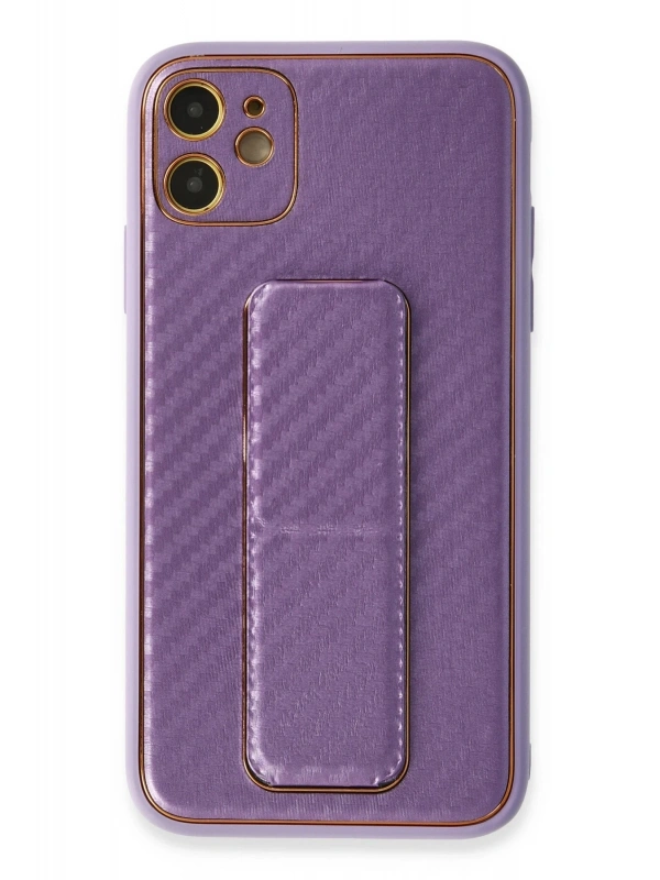 Newface Apple iPhone 12 Kılıf Coco Karbon Standlı Kapak - Mor