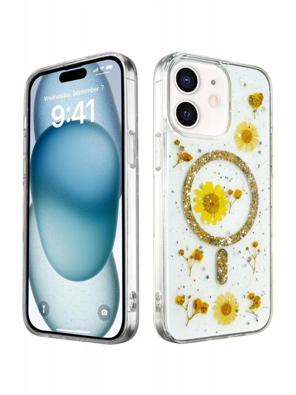 Newface Apple iPhone 12 Kılıf Daisy Simli Magsafe Kapak - Gold