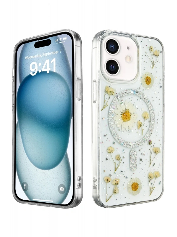 Newface Apple iPhone 12 Kılıf Daisy Simli Magsafe Kapak - Gümüş