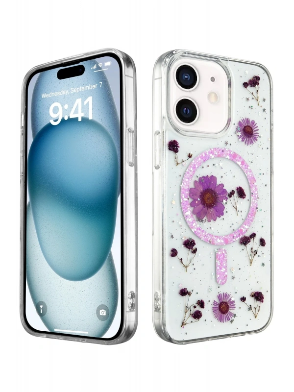 Newface Apple iPhone 12 Kılıf Daisy Simli Magsafe Kapak - Mor