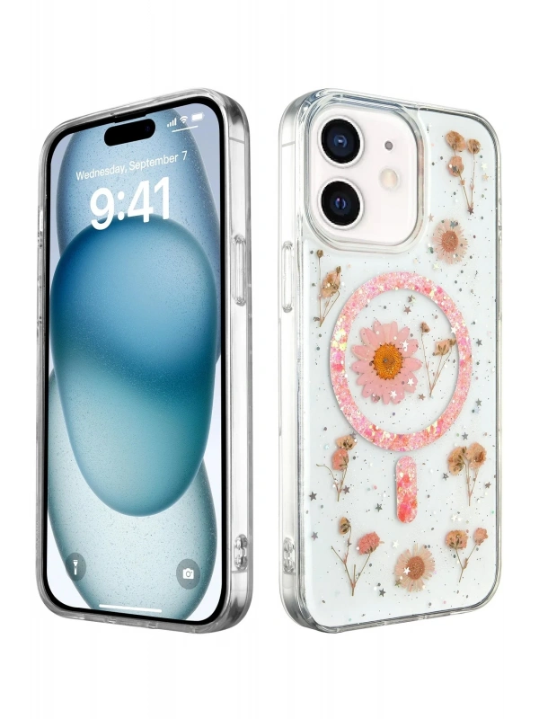 Newface Apple iPhone 12 Kılıf Daisy Simli Magsafe Kapak - Pembe