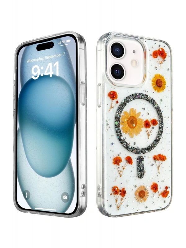 Newface Apple iPhone 12 Kılıf Daisy Simli Magsafe Kapak - Siyah