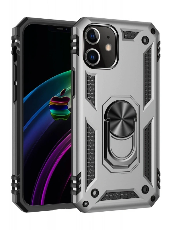 Newface Apple iPhone 12 Kılıf Sofya Yüzüklü Silikon Kapak - Gümüş