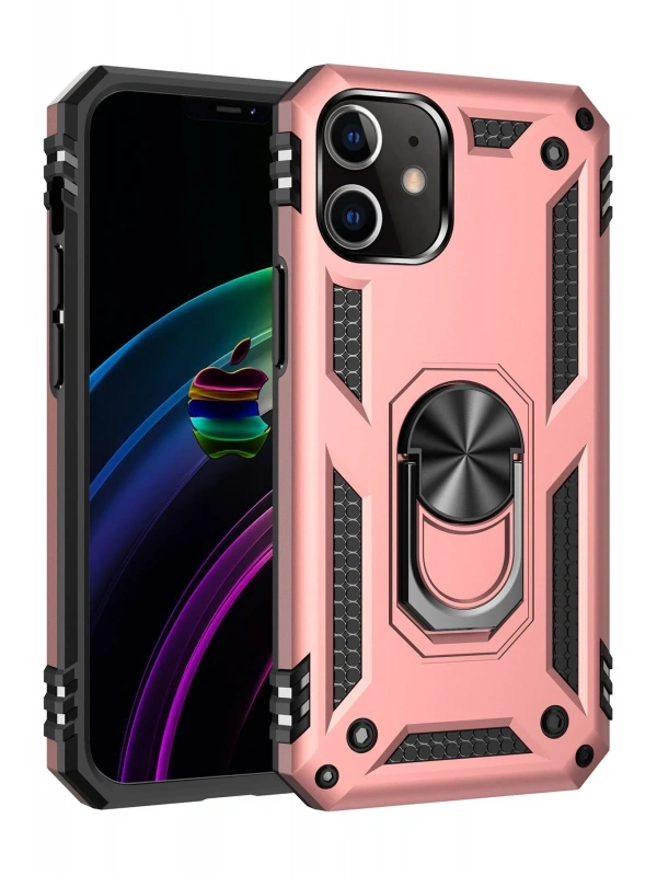 Newface Apple iPhone 12 Kılıf Sofya Yüzüklü Silikon Kapak - Rose