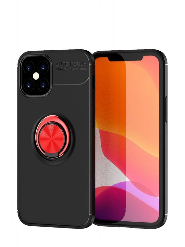 Newface Apple iPhone 12 Mini Kılıf Range Yüzüklü Silikon - Siyah-Kırmızı