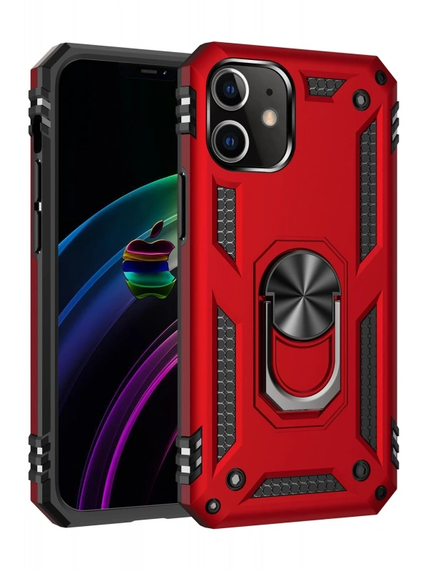 Newface Apple iPhone 12 Mini Kılıf Sofya Yüzüklü Silikon Kapak - Kırmızı