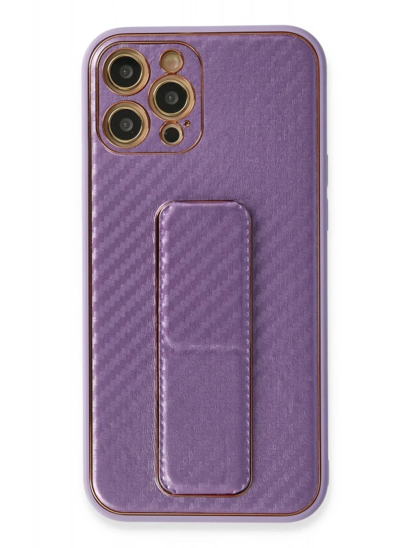 Newface Apple iPhone 12 Pro Kılıf Coco Karbon Standlı Kapak - Mor