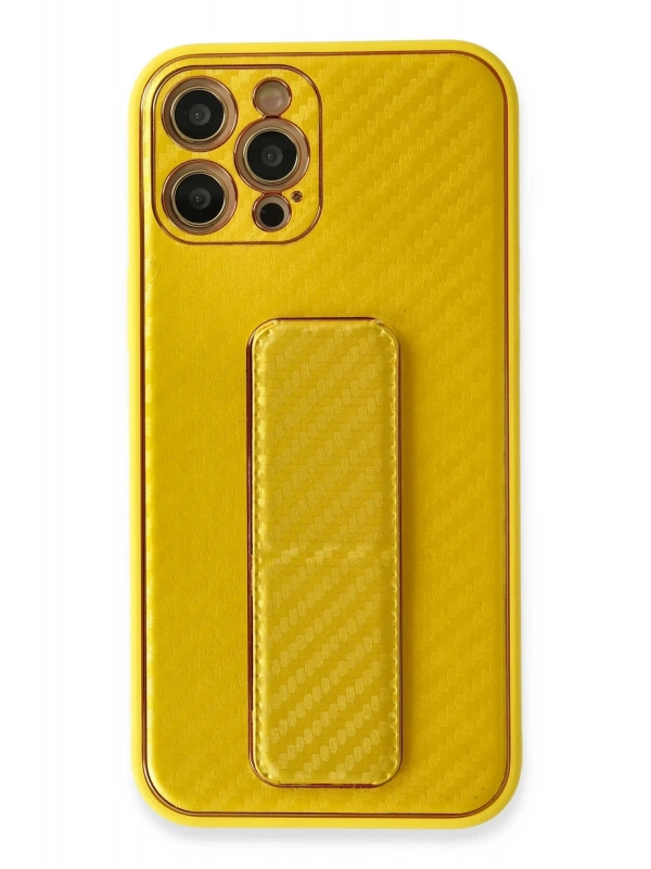 Newface Apple iPhone 12 Pro Max Kılıf Coco Karbon Standlı Kapak - Sarı