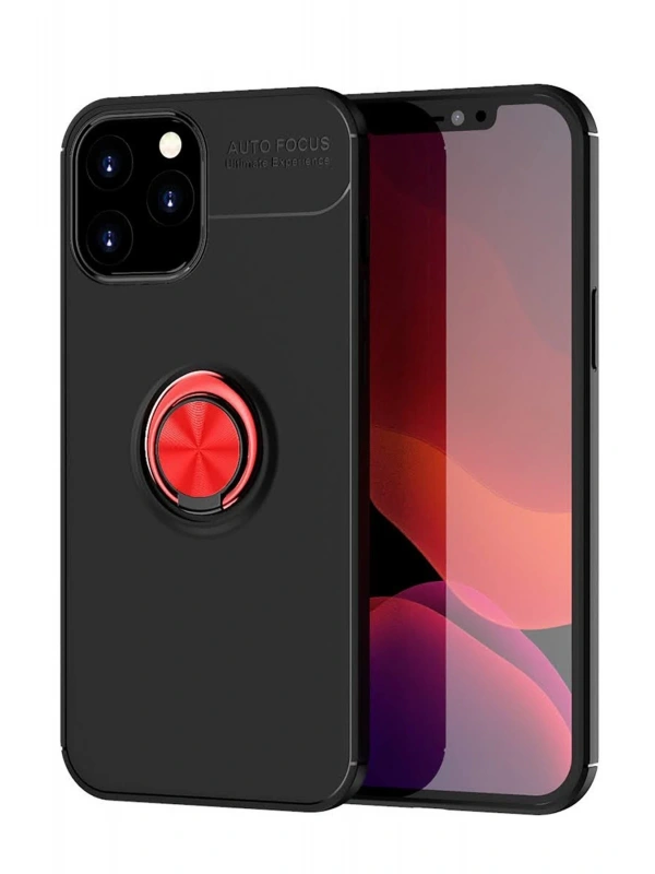 Newface Apple iPhone 12 Pro Max Kılıf Range Yüzüklü Silikon - Siyah-Kırmızı