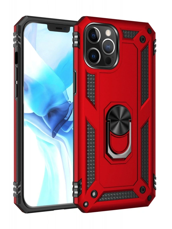 Newface Apple iPhone 12 Pro Max Kılıf Sofya Yüzüklü Silikon Kapak - Kırmızı