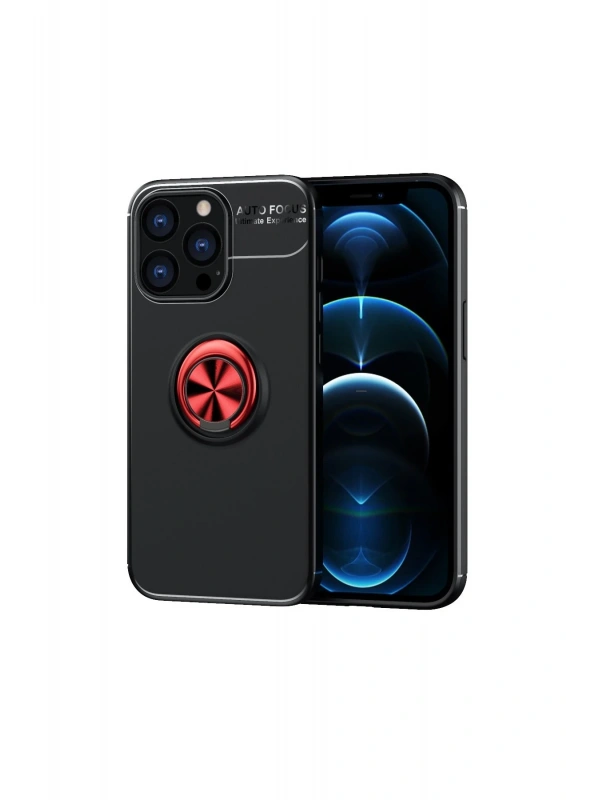 Newface Apple iPhone 13 Pro Max Kılıf Range Yüzüklü Silikon - Siyah-Kırmızı
