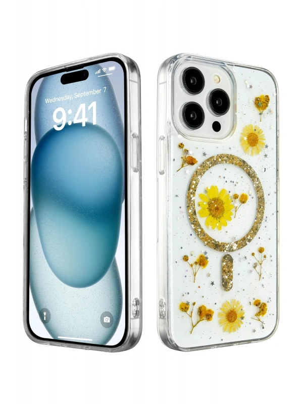 Newface Apple iPhone 14 Pro Kılıf Daisy Simli Magsafe Kapak - Gold