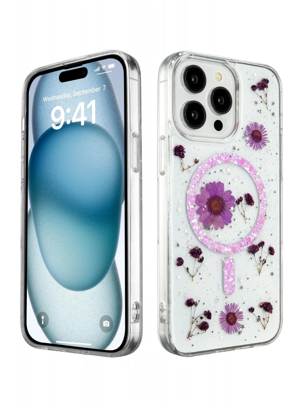 Newface Apple iPhone 14 Pro Kılıf Daisy Simli Magsafe Kapak - Mor