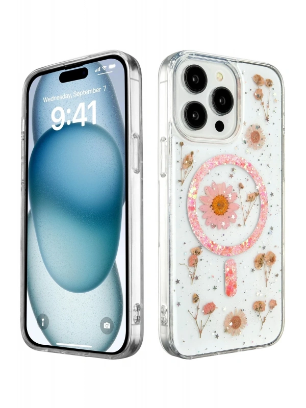 Newface Apple iPhone 14 Pro Max Kılıf Daisy Simli Magsafe Kapak - Pembe