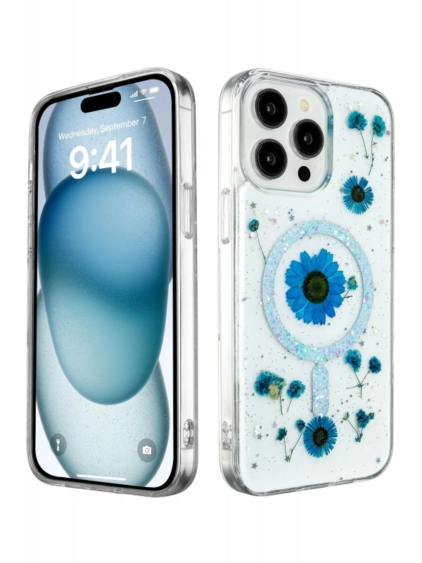 Newface Apple iPhone 15 Pro Kılıf Daisy Simli Magsafe Kapak - Mavi