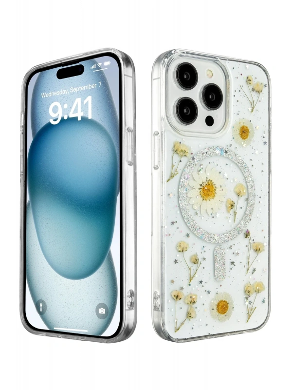 Newface Apple iPhone 15 Pro Max Kılıf Daisy Simli Magsafe Kapak - Gümüş