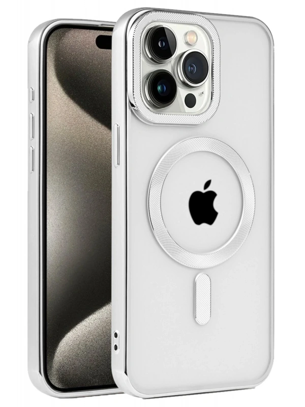 Newface Apple iPhone 15 Pro Max Kılıf Kronos Magsafe Kapak - Gümüş