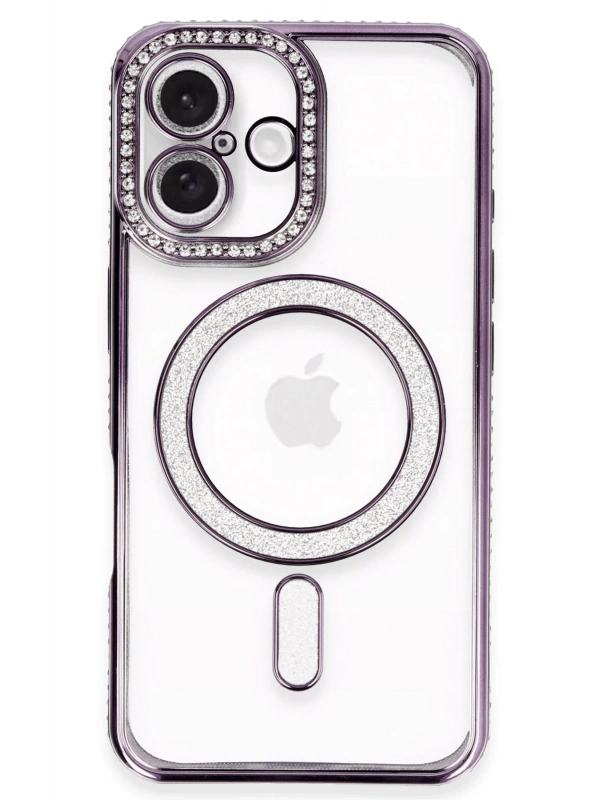 Newface Apple iPhone 16 Plus Kılıf Joke Simli Magneticsafe Kılıf - Derin Mor