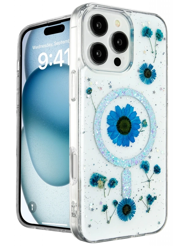 Newface Apple iPhone 16 Pro Kılıf Daisy Simli Magsafe Kapak - Mavi