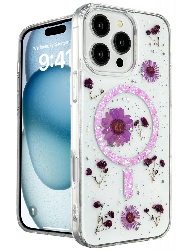Newface Apple iPhone 16 Pro Kılıf Daisy Simli Magsafe Kapak - Mor