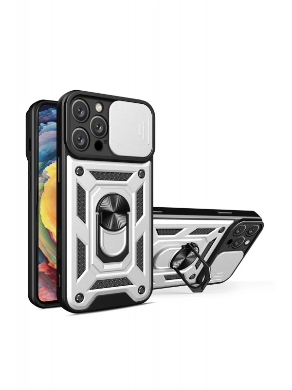 Newface Apple iPhone 16 Pro Kılıf Pars Lens Yüzüklü Silikon - Gümüş
