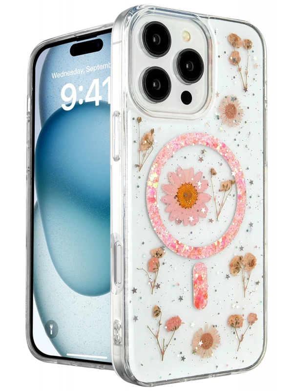 Newface Apple iPhone 16 Pro Max Kılıf Daisy Simli Magsafe Kapak - Pembe