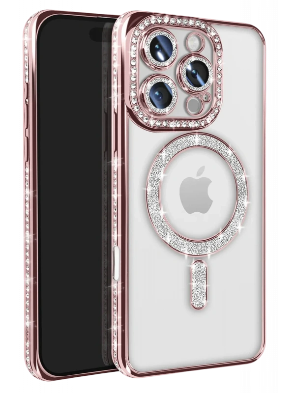Newface Apple iPhone 16 Pro Max Kılıf Joke Simli Magneticsafe Kılıf - Pembe